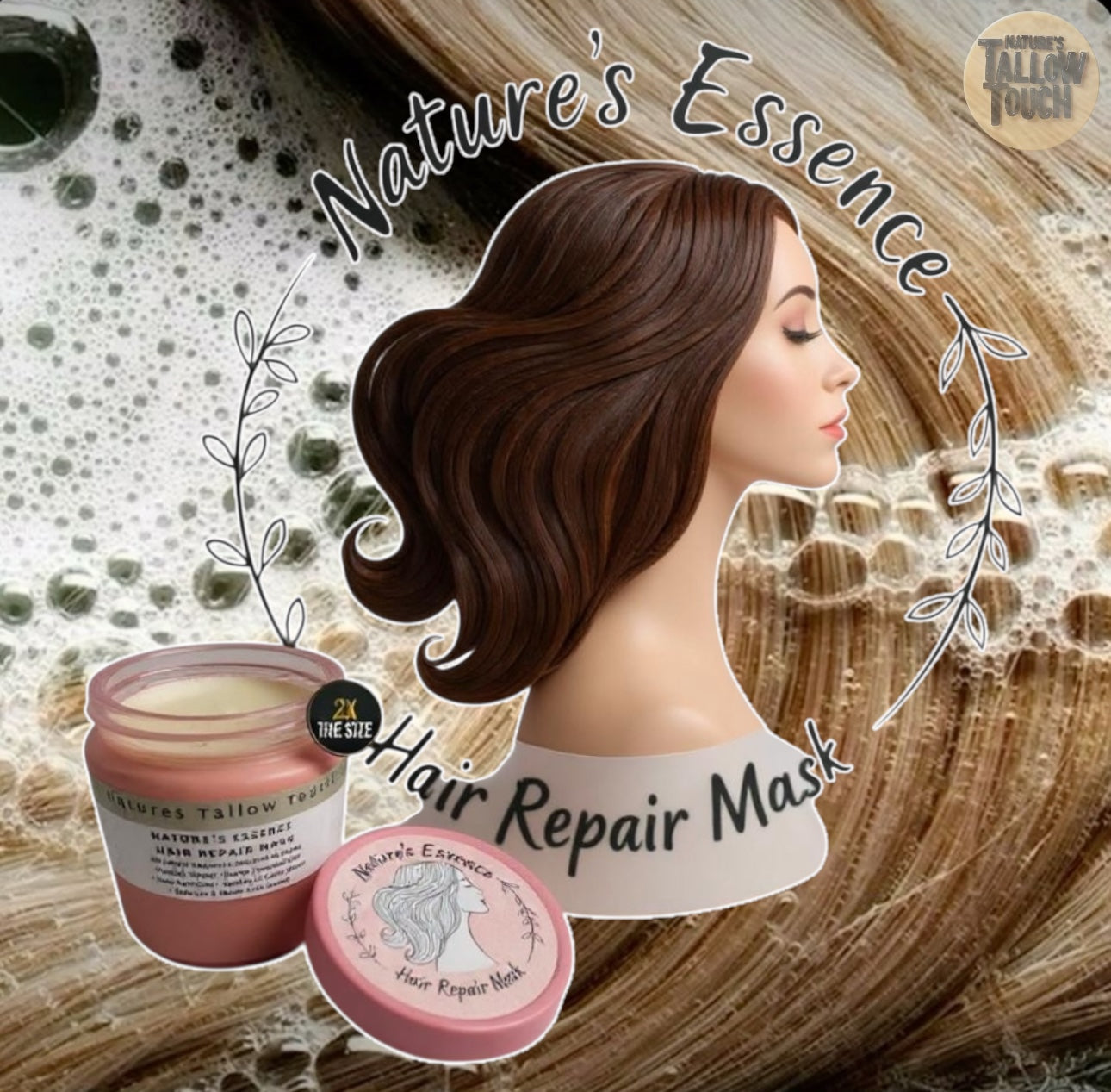 Nature's Essence Hair Repair Mask: Eine vollkommen natürliche Behandlung zur tiefenwirksamen
•Pflegen •Reparieren •Beleben geschädigtes Haar
• Tiefe Feuchtigkeitsversorgung • Beruhigt und entspannt die Kopfhaut
• Weichheit und Glanz• Frizz-Kontrolle