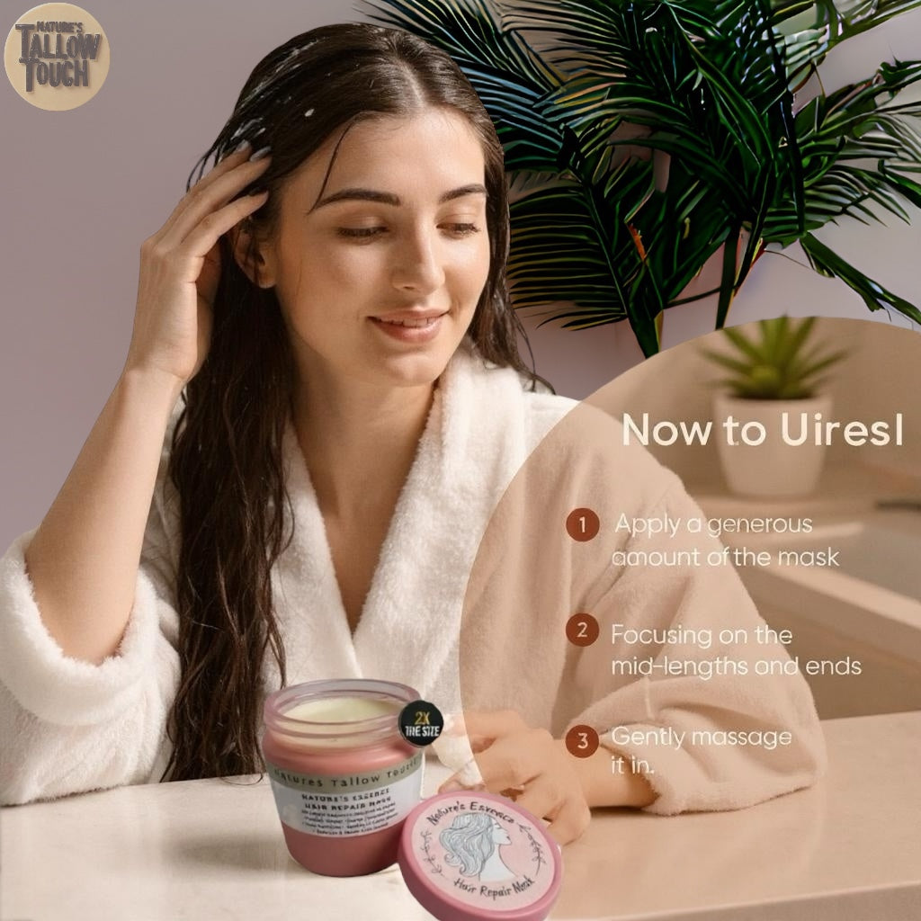 Nature's Essence Hair Repair Mask: Eine vollkommen natürliche Behandlung zur tiefenwirksamen
•Pflegen •Reparieren •Beleben geschädigtes Haar
• Tiefe Feuchtigkeitsversorgung • Beruhigt und entspannt die Kopfhaut
• Weichheit und Glanz• Frizz-Kontrolle