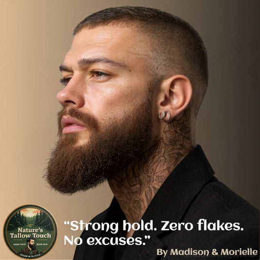 Open tin of cedar-toned beard balm beside cedarwood + frankincense resin.