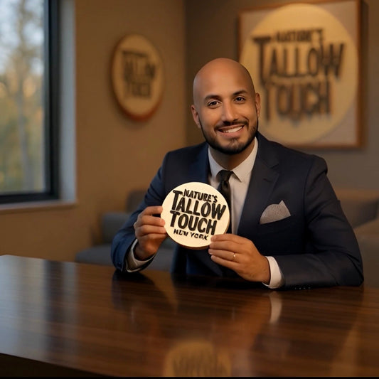 Founder Moise Rosado holding the Nature’s Tallow Touch emblem in a New York office