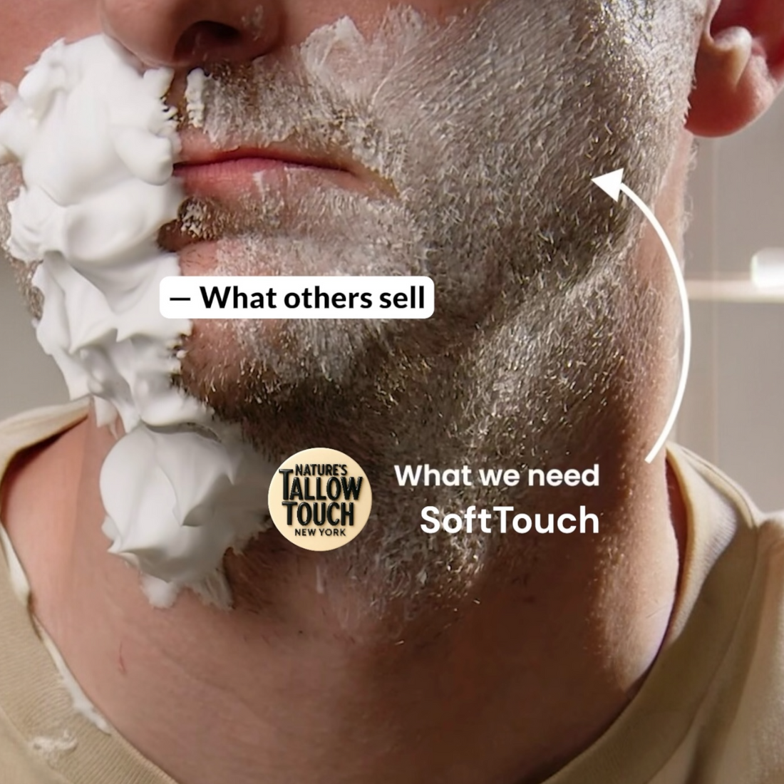 SoftTouch Shave Tallow Cream in jar with brush—clean, steel/ivory palette.