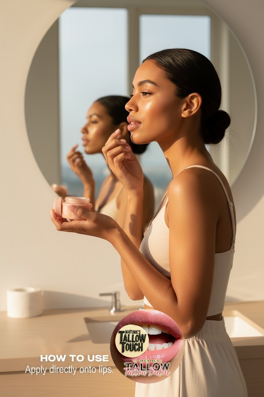 Nature’s Tallow Touch Lip Brightening Tallow Balm — grass-fed tallow, castor, jojoba, vitamins C+E, shea, beeswax, and orange essential oil for brighter-looking, smoother lips.