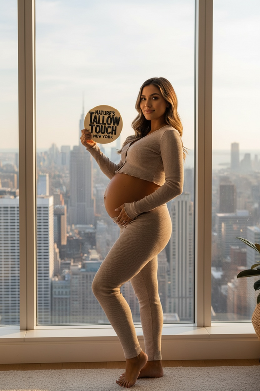  Pregnancy skincare editorial featuring Mother’s Recovery tallow body cream in warm New York City light