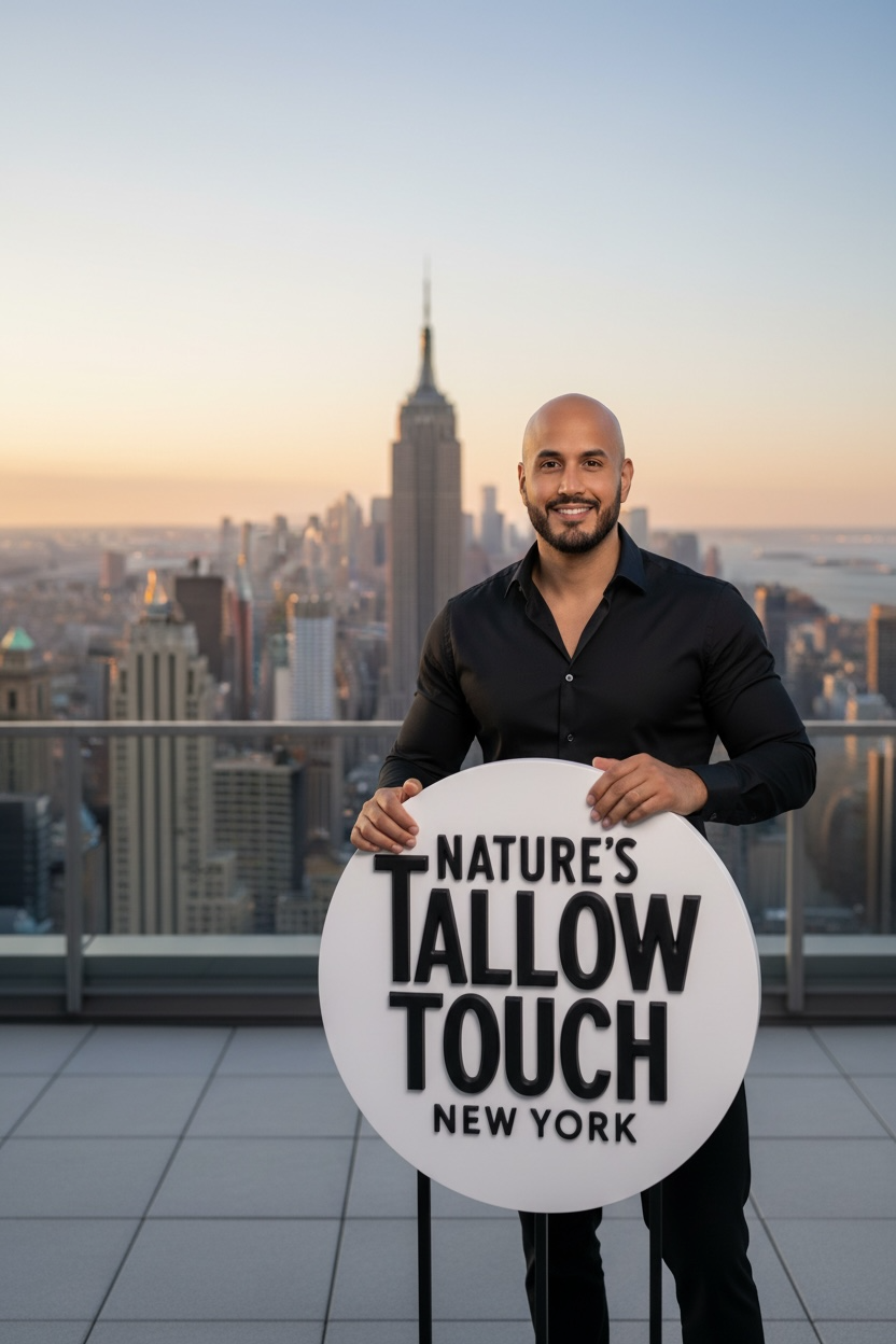  Nature’s Tallow Touch founder on New York rooftop at sunset