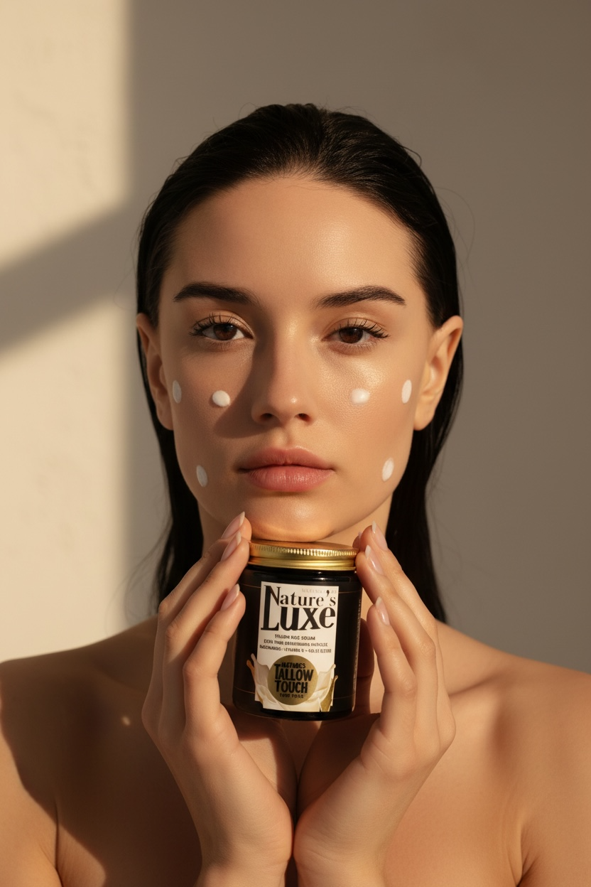  Model holding Nature’s Luxe Tallow Face Cream against neutral editorial background