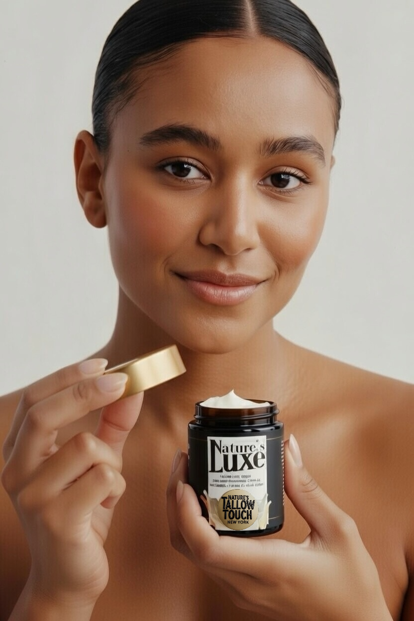  Woman holding Nature’s Luxe Tallow Face Cream against bare skin, luxury skincare editorial by Nature’s Tallow Touch New York
